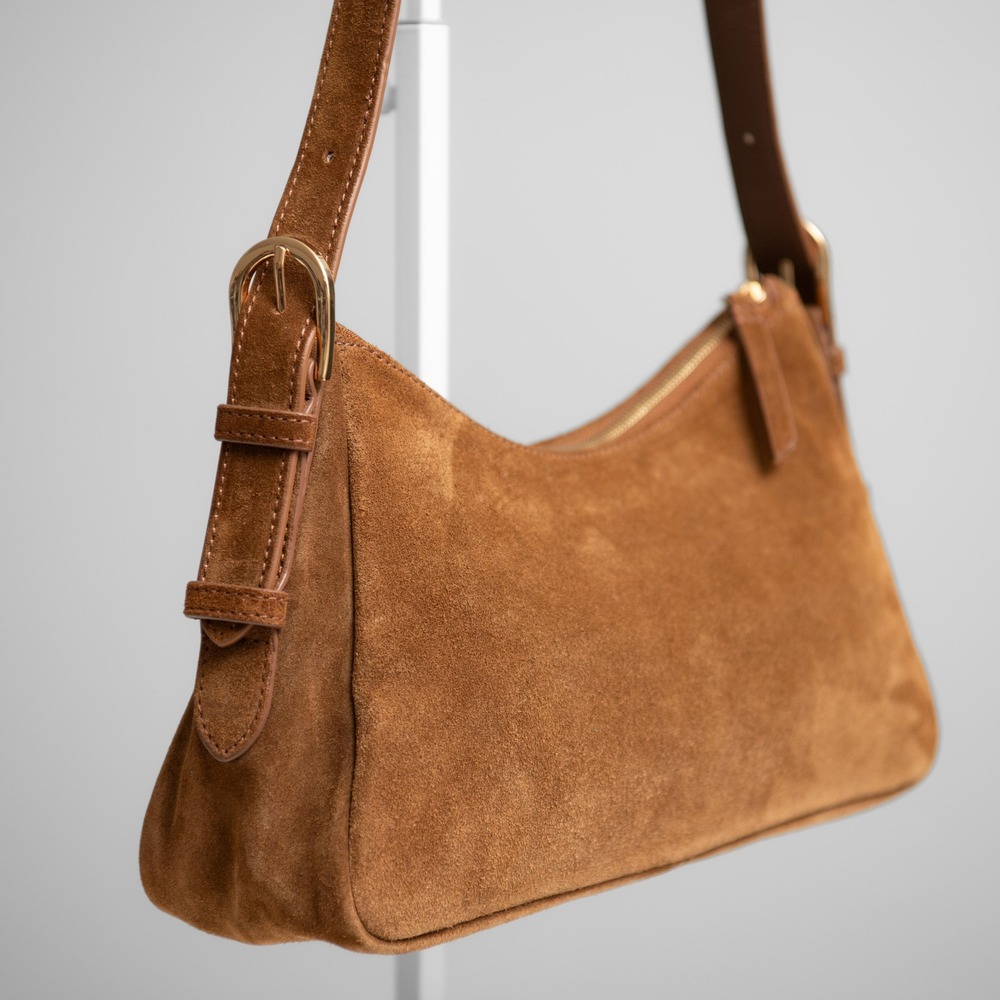 Quince Italian Suede Leather Shoulder Bag 90s Y2K Brown Gold Buckle Purse Boho
